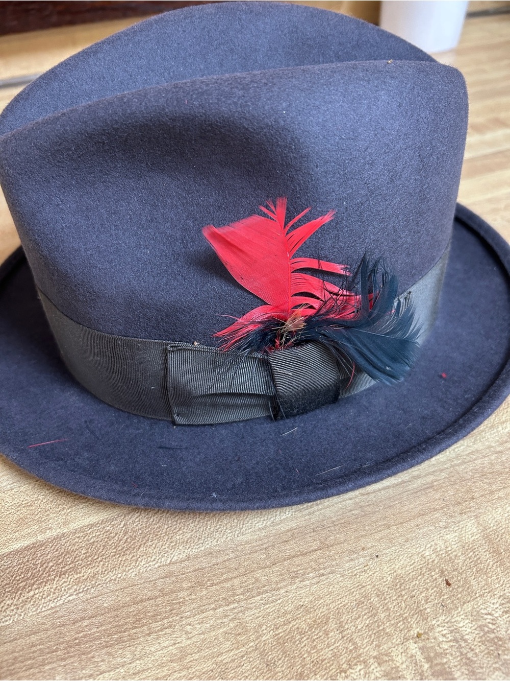 Vintage Men's 100% Wool Fedora Hat with Red Feather Accent Size 7 by Dorfman